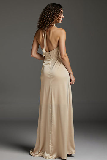 Robe longue formelle à fourreau dos nu en satin champagne avec poches